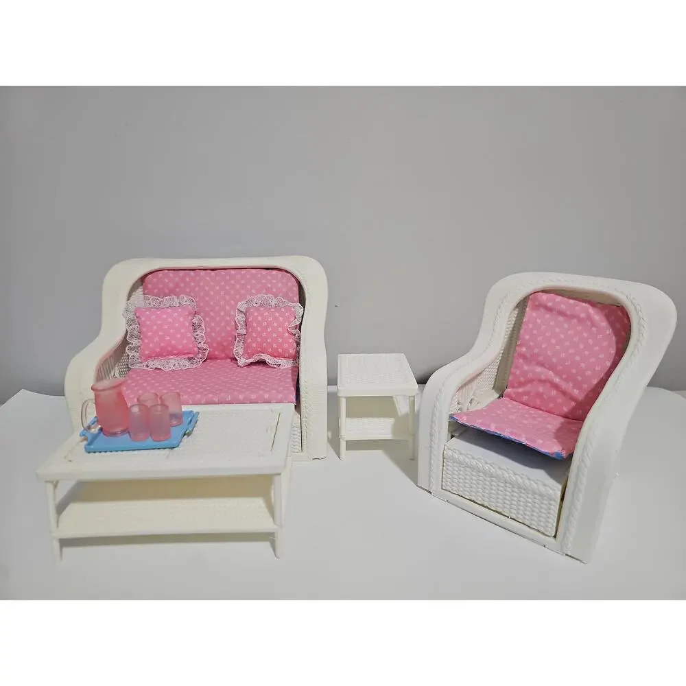 Vintage Barbie Wicker Living Room Set Couch Table Chair Furniture Mattel 1983